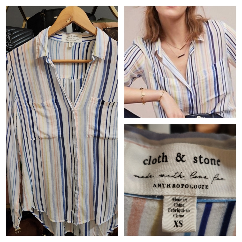 Anthropologie Cloth & Stone Watercolor Stripe Blouse Boho Coastal Semi Sheer XS